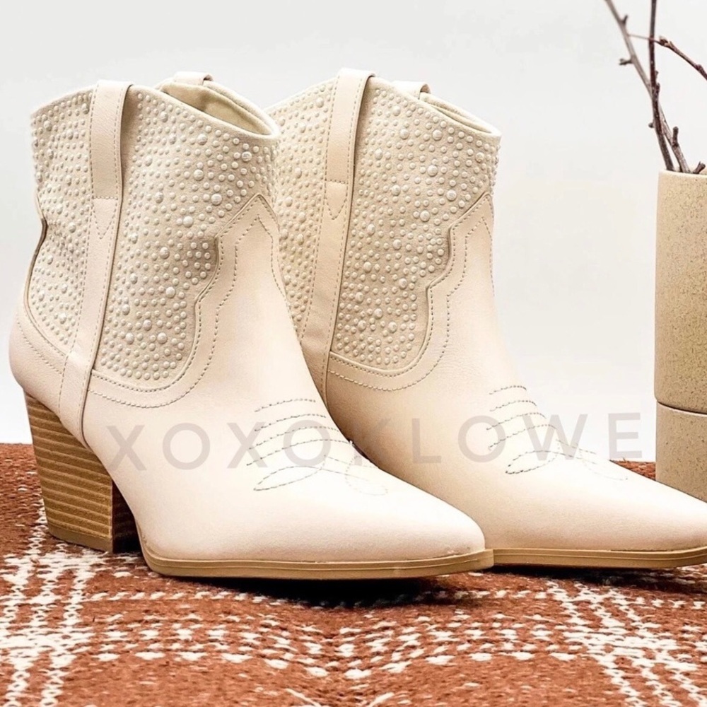 Qupid Cream Pearl Cowboy Boots | Western Glam Ankle Boot | Faux Leather - Picture 7 of 14